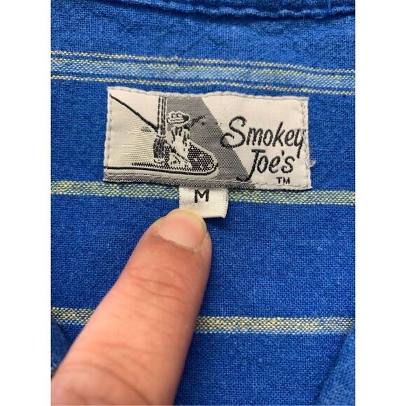 Smokey Joe’s Linen Blend Blue Yellow Stripes Button Down Medium 80s - Picture 7 of 11